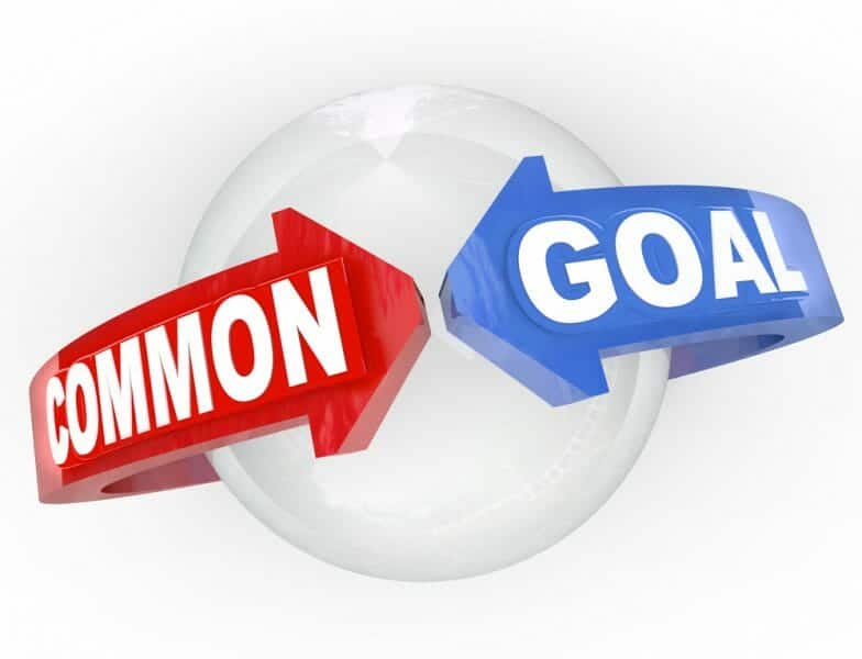 white ball with red arrow saying "common" meeting a blue arrow saying "goal" around the ball.