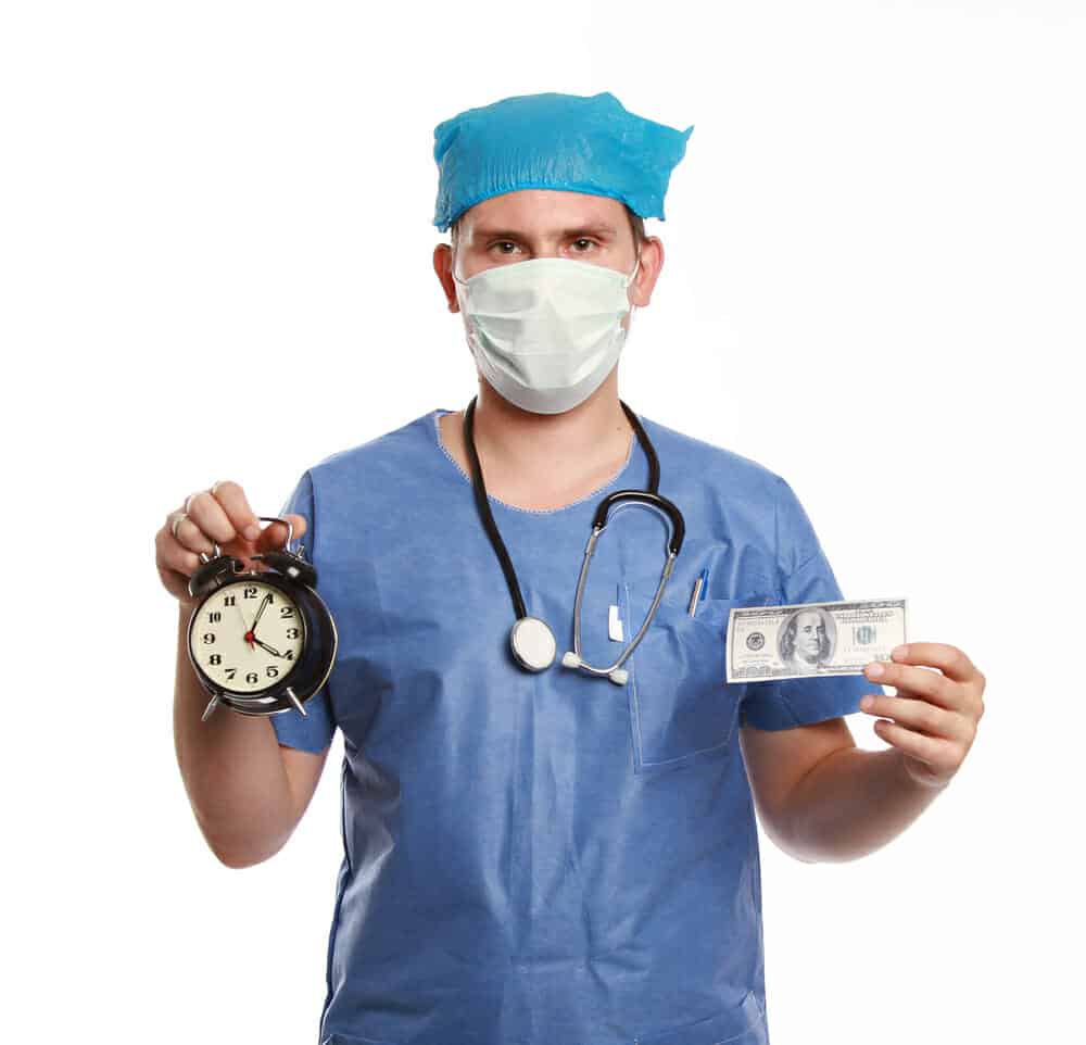 Surgeon holding a clock and a $100 bill.