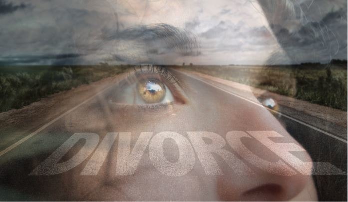 Close up of a woman's eyes looking up superimposed over a road that says "divorce."