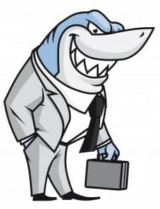 Cartoon of a shark dressed as a divorce lawyer.