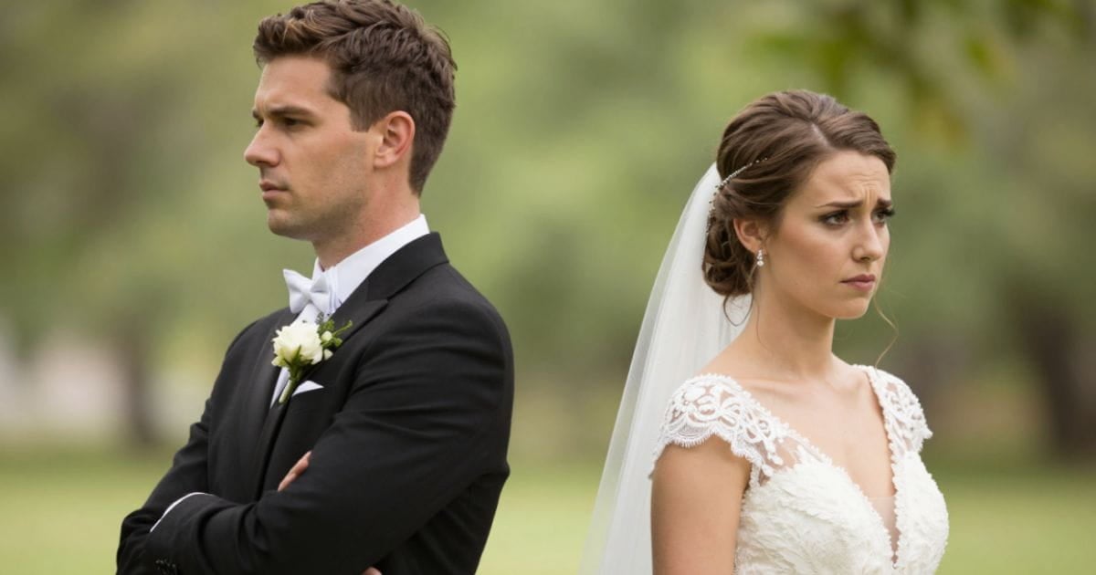 conscious uncoupling AI generated image of a bride and groom both turning away from each other, their faces unhappy