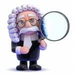 Clay toy judge holding a magnifying glass
