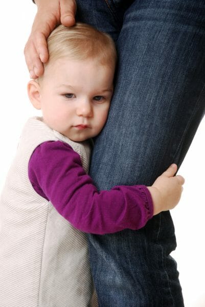 Young child clinging to the leg of a parent.