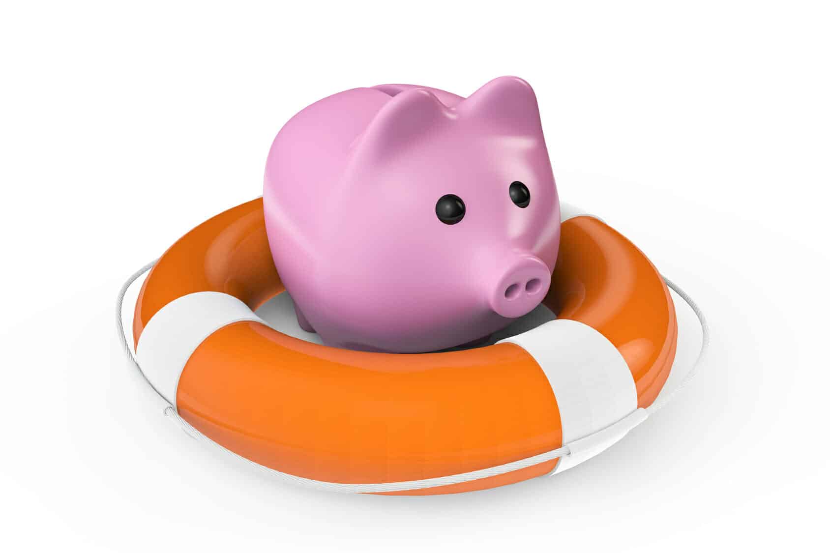 Financial security concept. Piggy bank with the lifebuoy on a white background