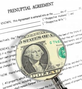 Close up of a prenuptial agreement. A magnifying glass on it shows a dollar bill.