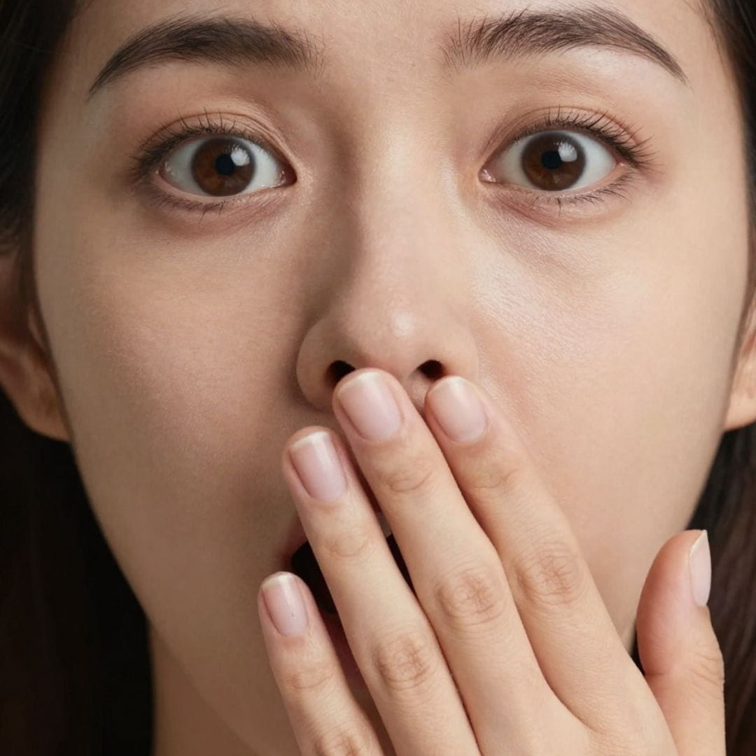 AI image of a woman's face, wide eyes, hand covering her mouth in a total gasp of shock and disbelief, reacting to sudden horrible news