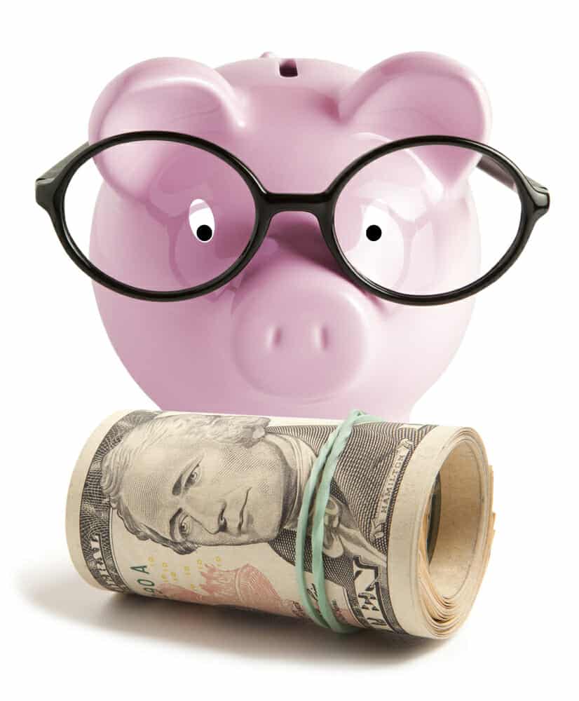 Pink piggy bank with glasses staring at a roll of money.