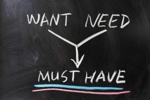 Mediation tips: Words "want" and "need" on a chalkboard with arrows pointing to "must have."