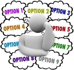 3D figure surrounded by thought bubbles saying "Option 1, Option 2" etc.
