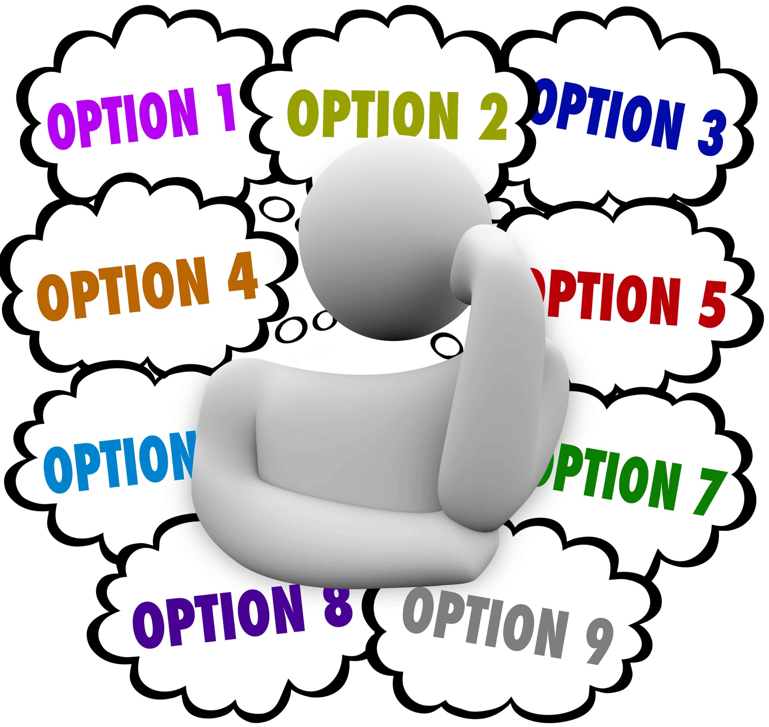 3D figure surrounded by thought bubbles saying "Option 1, Option 2," etc. symbolizing how to negotiate 