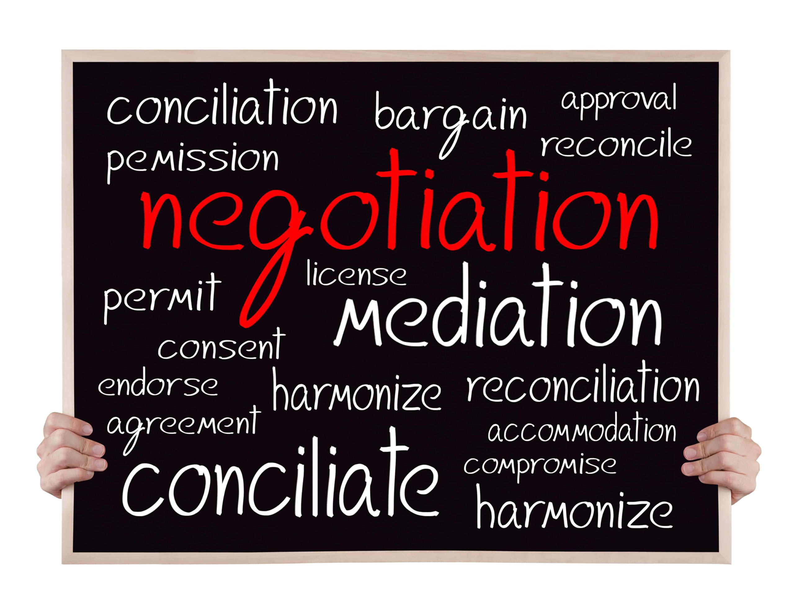 Word negotiation in red on a chalkboard, with mediation, permit, reconcile and other such words in chalk.
