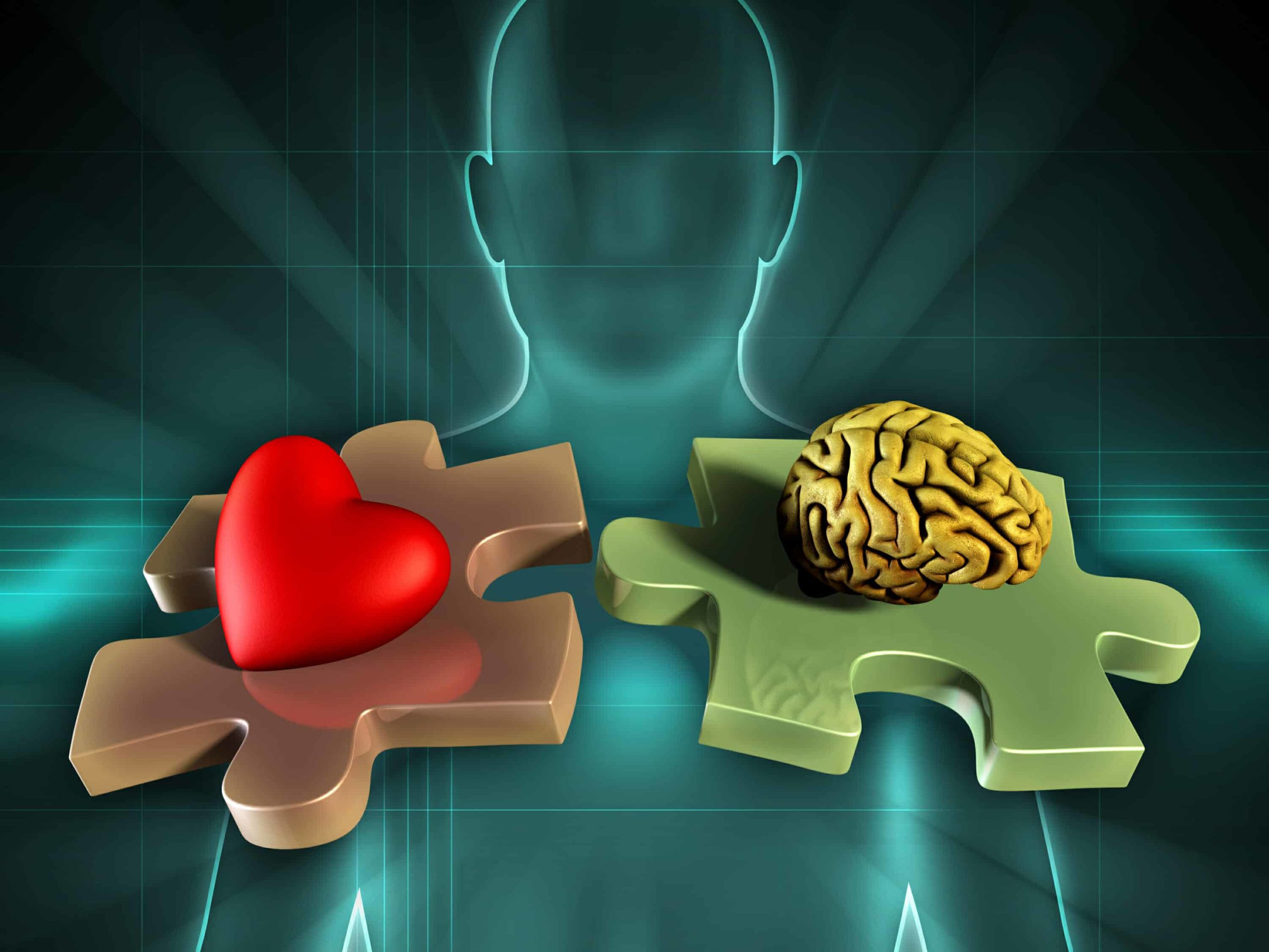 3D Depiction of a heart and a brain on puzzle pieces in front of a hologram of a man.