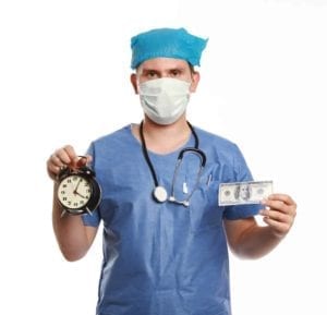 Surgeon holding money and clock