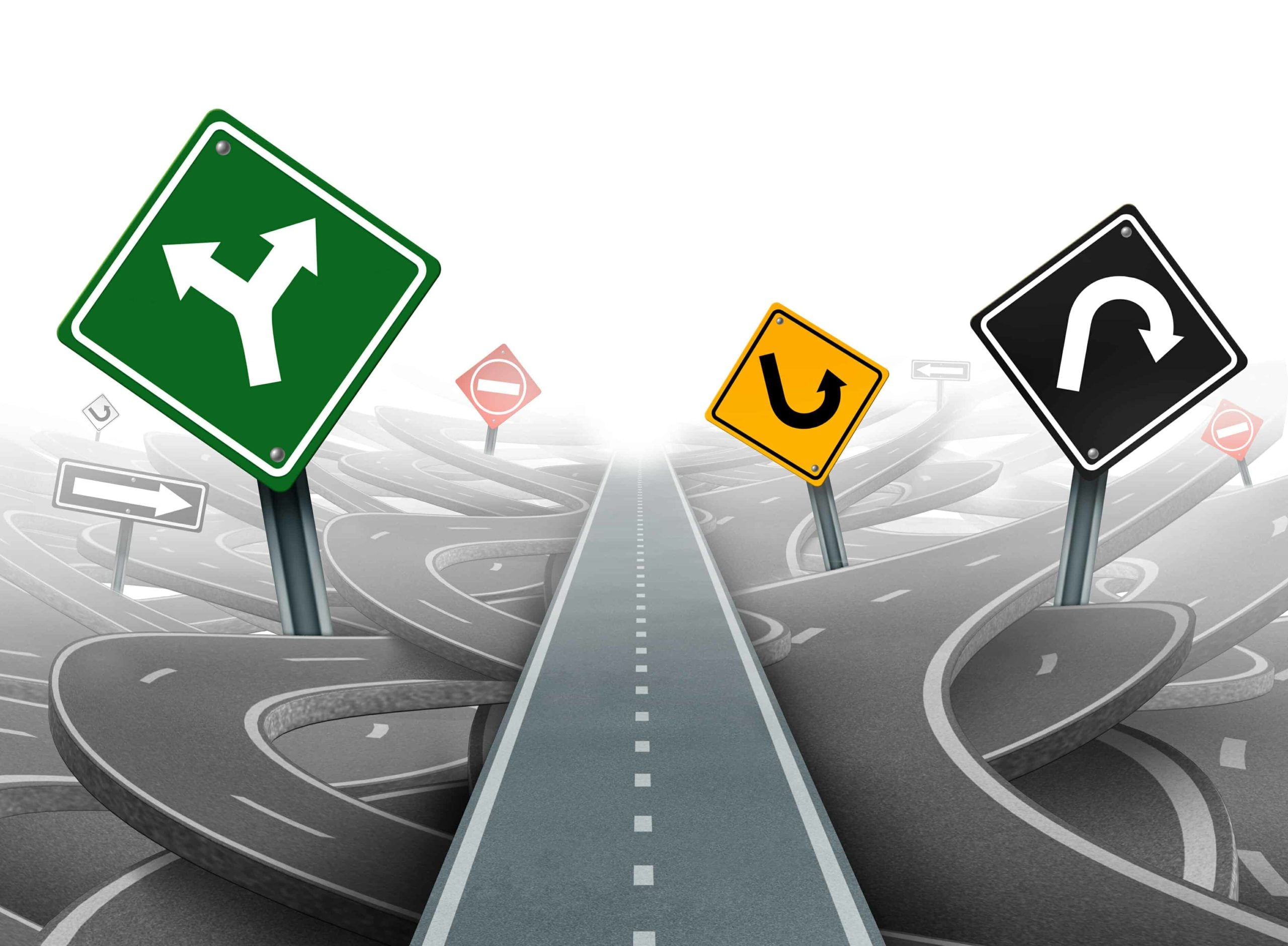 How to Choose the Divorce Process That Will Work Best for You Roads cris-crossing over each other with conflicting road signs.