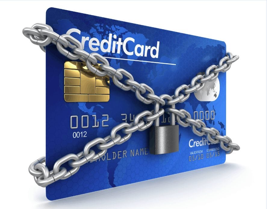 Credit card locked and in chains. Ways to save money after divorce.