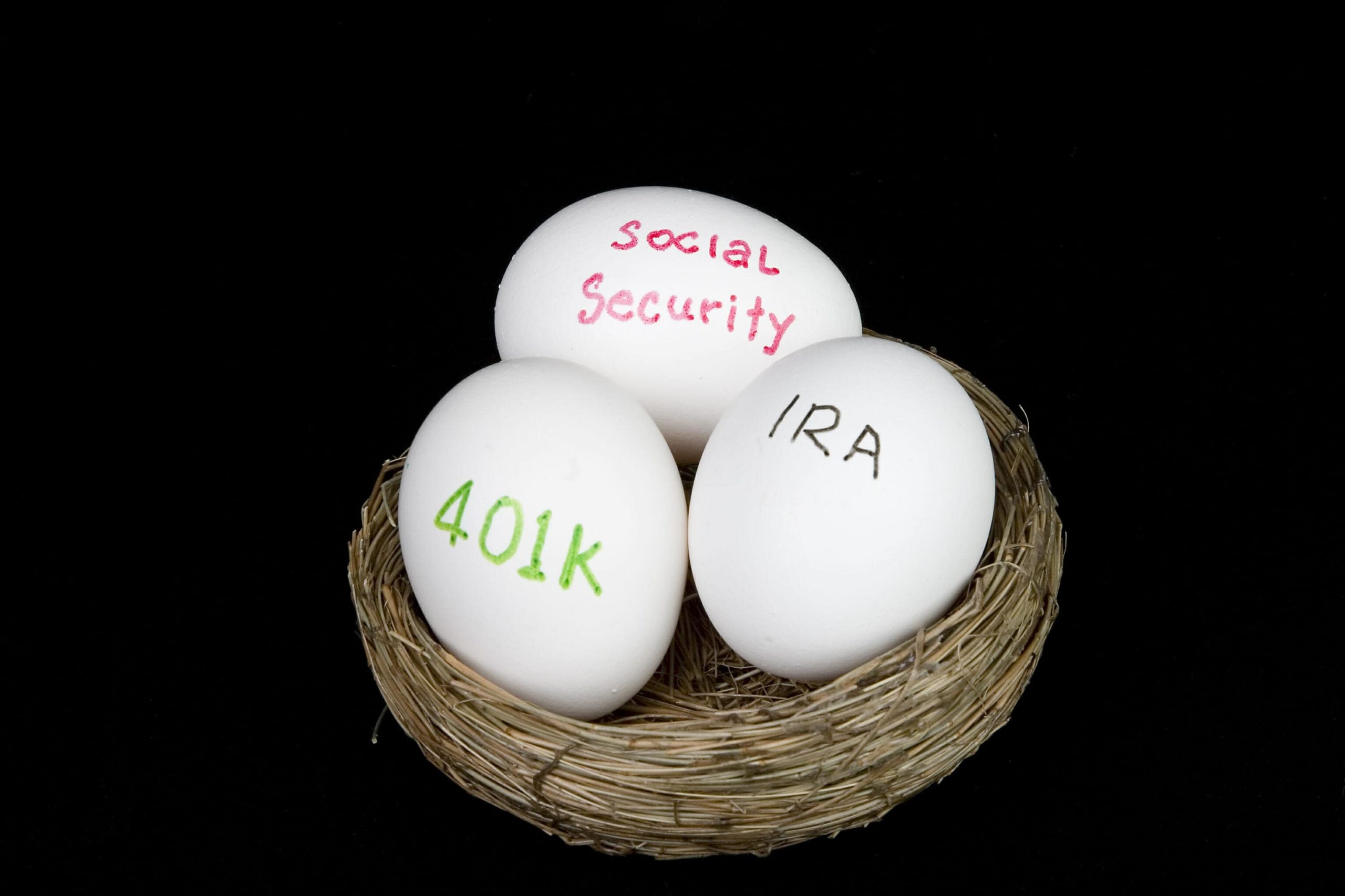 Eggs with words "Social Security," "IRA," and "401k" in a nest.