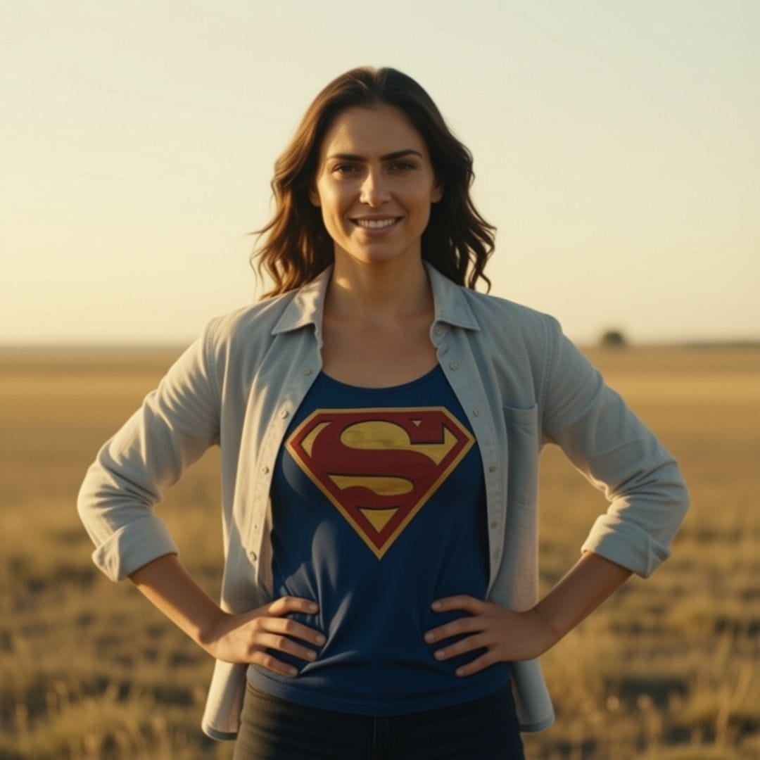 AI image of a woman in a superhero shirt, smiling, her hands on her hips