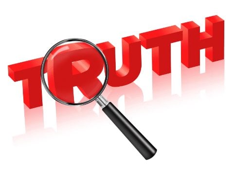 3D Red Word "Truth" with magnifying glass.