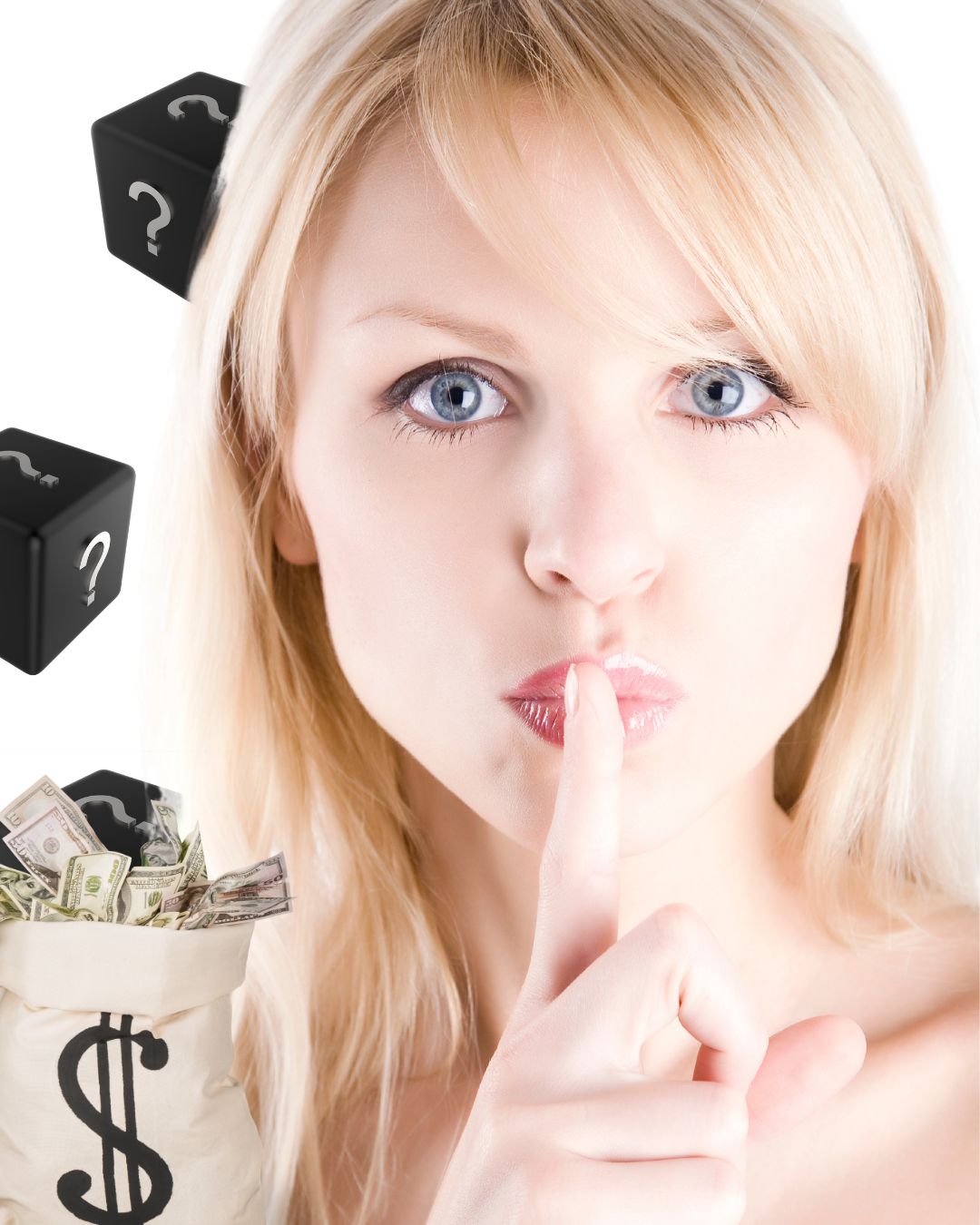 wife being secretive about finances Woman doing the "ssh" gesture, a bag of money on the lower left corner and some cubes with questions marks on them behind her