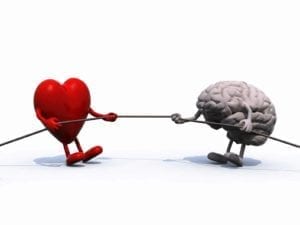 heart and brain tug of war rope, 3d illustration
