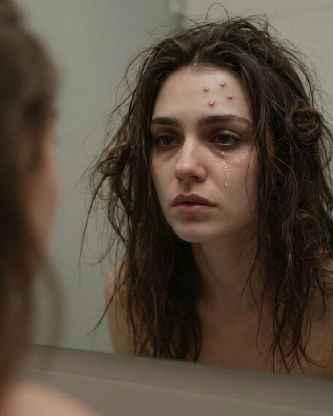 AI image of a woman staring at her reflection in the mirror. She looks weary and disheveled, eyes rimmed with exhaustion, no makeup, pale skin with acne, a sad and worried expression