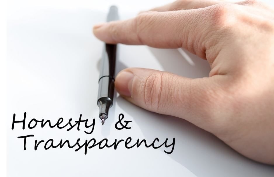 honesty and transparency honesty and transparency written on a piece of paper with a hand and a pen near the words