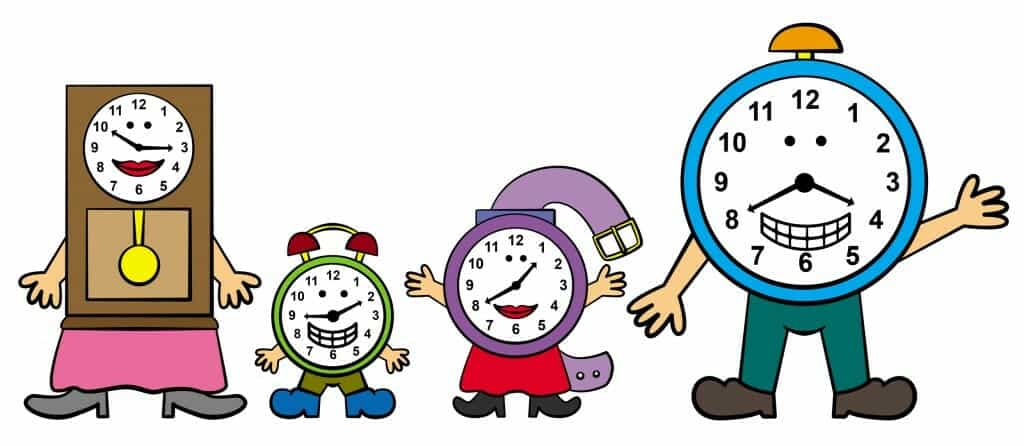 Cartoon family of clocks.
