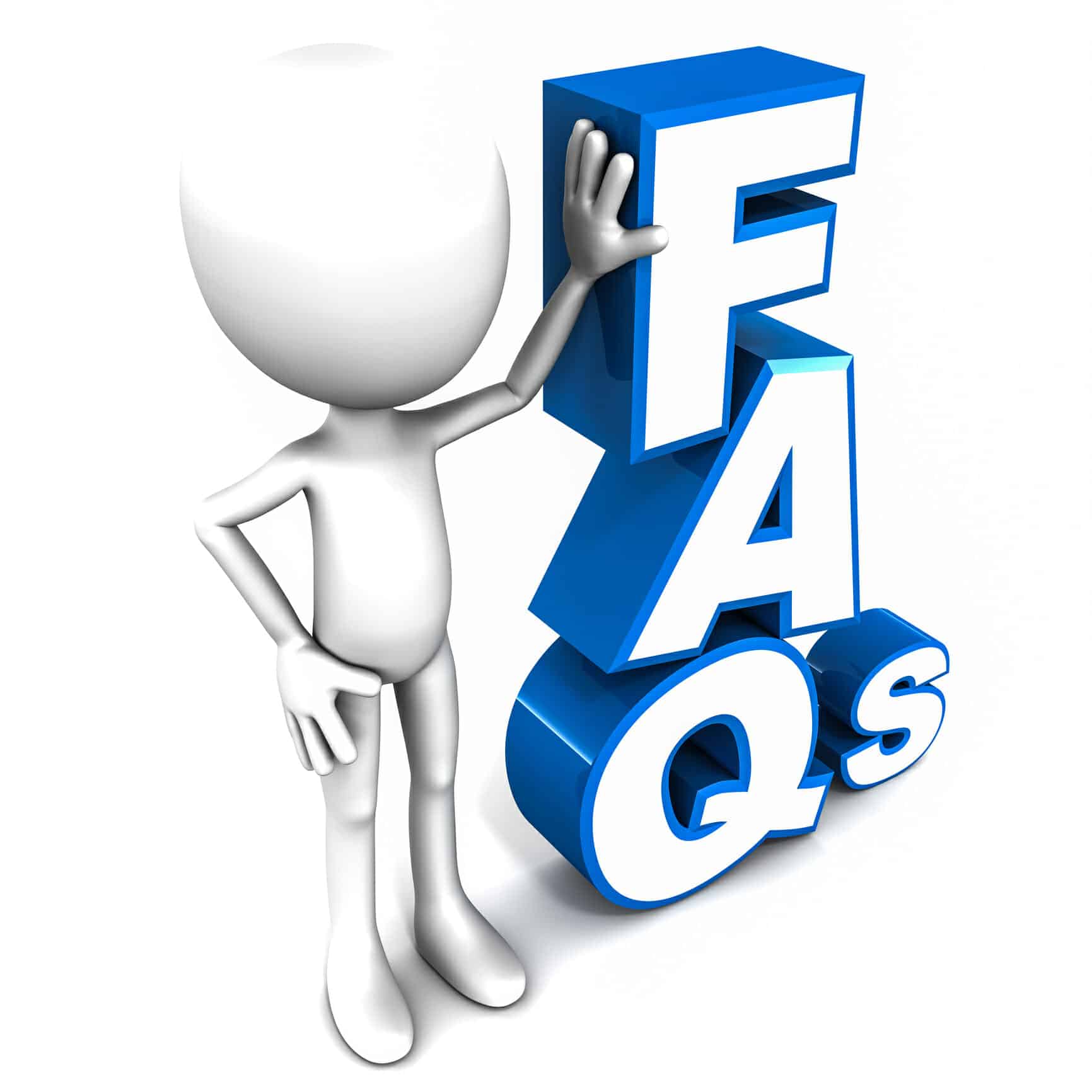 Clay figure standing next to stacked letters: FAQs