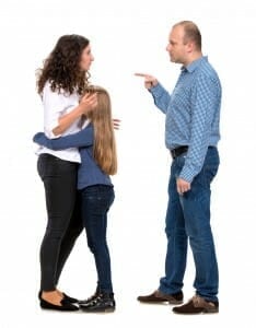 Parents argue while young girl clings to her mother.