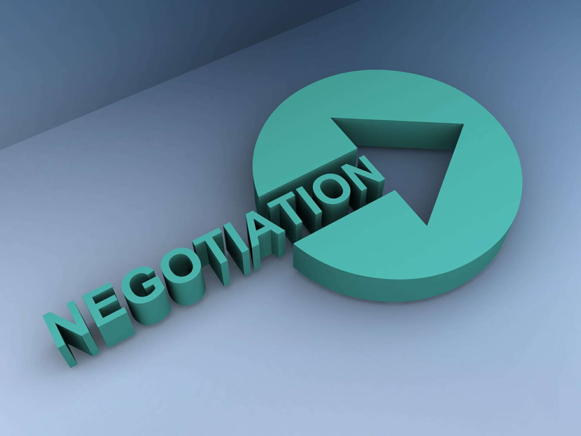 3D turquoise word "Negotiation" ending in an arrow