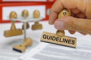 Hand holding rubber stamp with the word "guidelines" on it