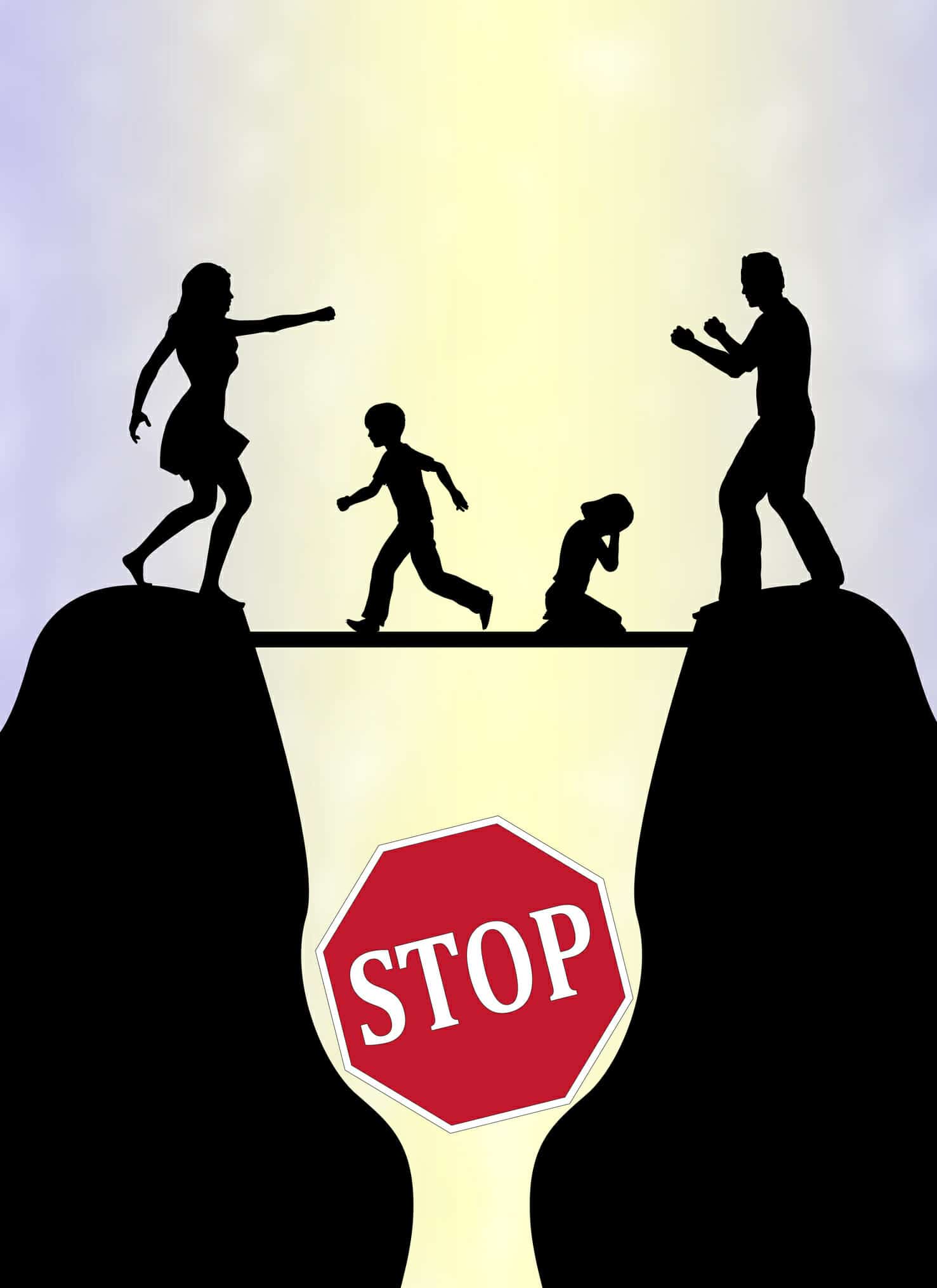 Cartoon silhouette of mom and dad fighting on opposite hills, with their children on a board over the chasm between them and a sign saying "Stop"