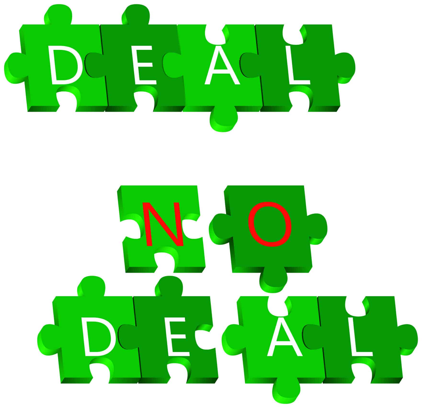 Green puzzle pieces with letters on them that spell "Deal No Deal"