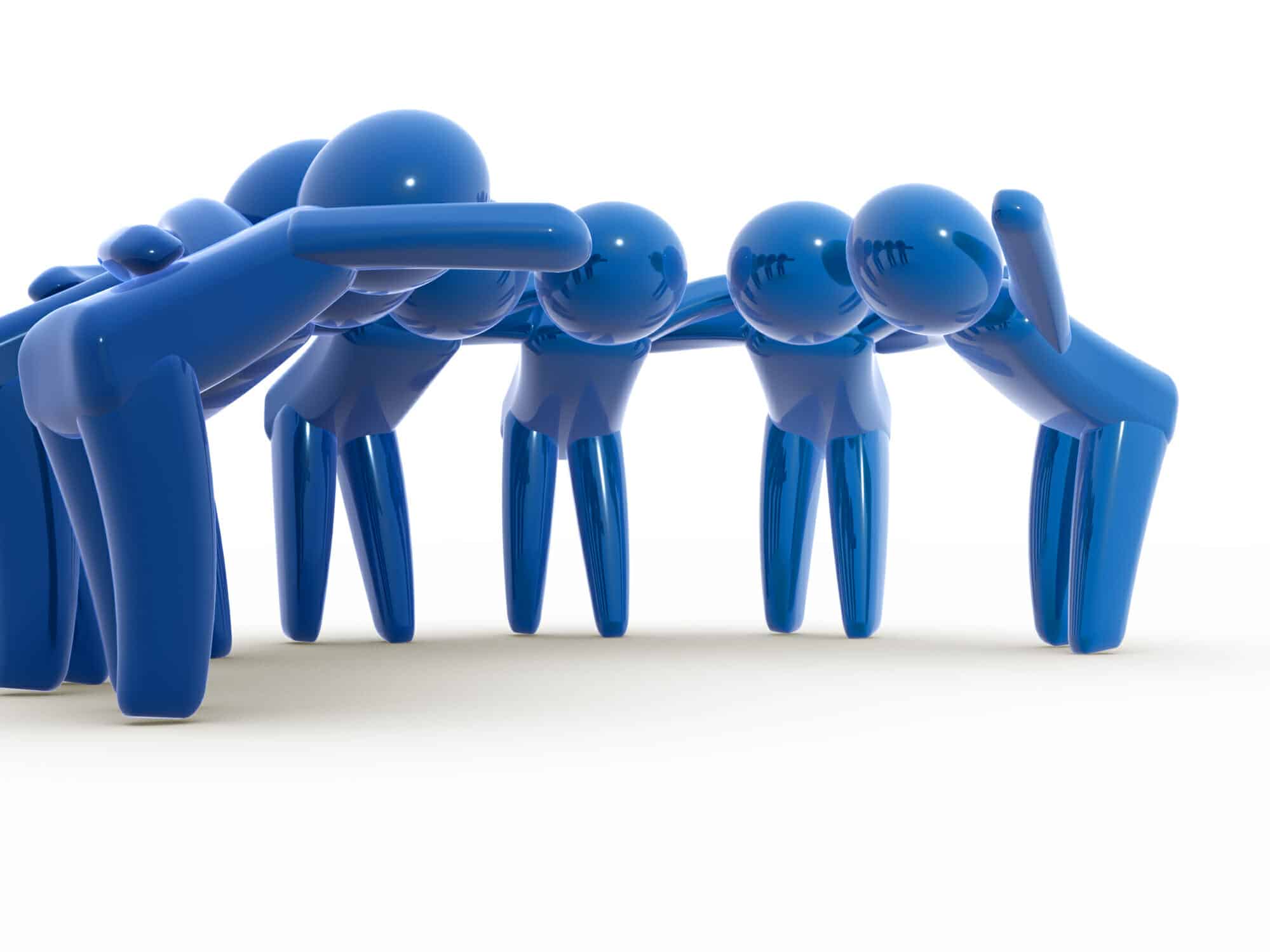 Blue figures huddle together to make a decision. Team concept.
