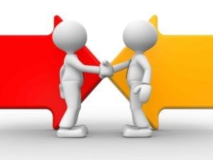 Two figures shaking hands. Red and yellow arrows point to each other in the background.