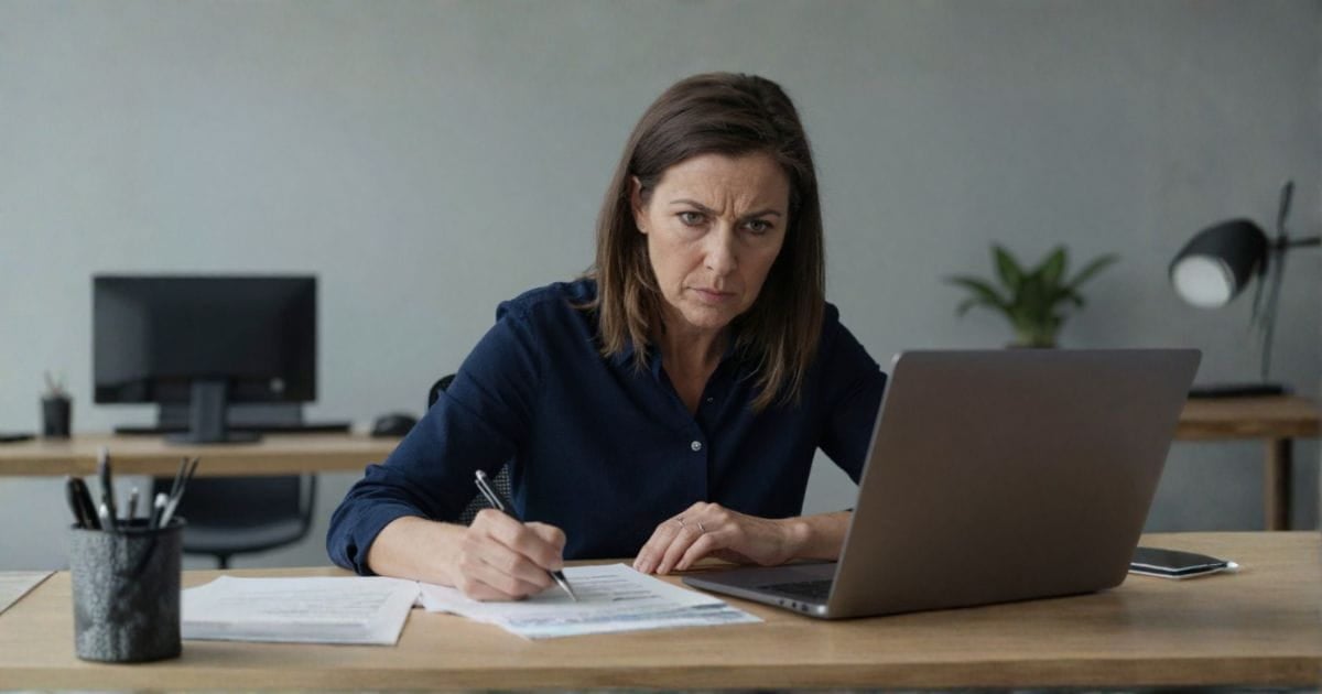 AI image of a woman sitting on a table, working on documents