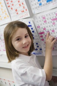 young girl pointing to a calendar on the wall.