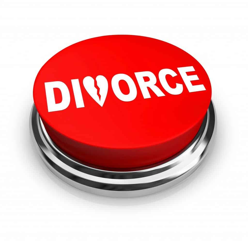 Red button with the word "Divorce"written on it in white letters