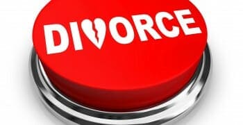 Red button with the word "Divorce"written on it in white letters