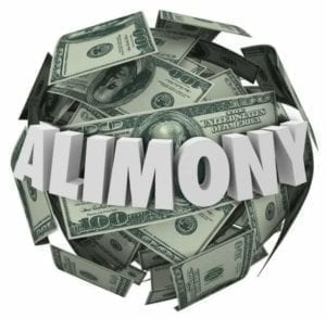 Alimony word in white 3d letters on a ball of money to illustrate spousal support