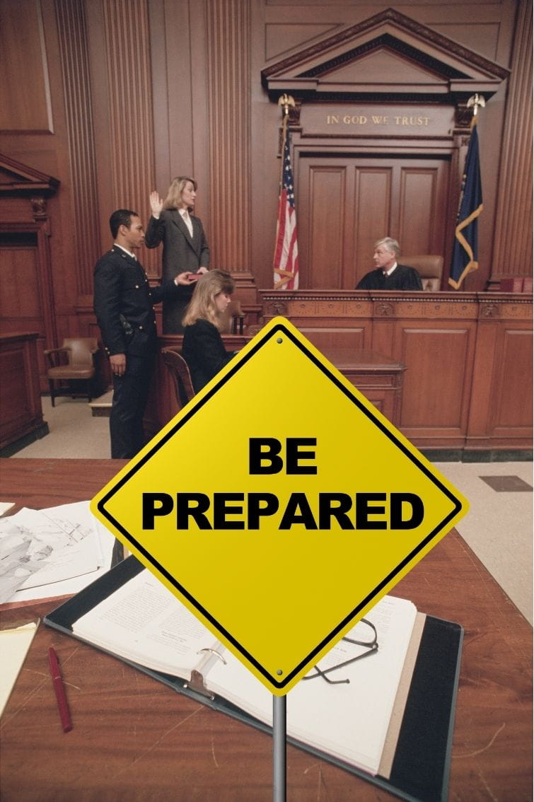 be prepared at court A courtroom scene with a yellow sign saying "Be Prepared"