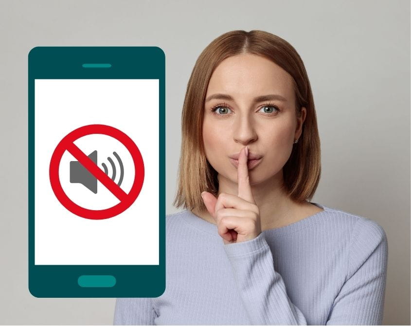 phone on silent mode Woman with finger to her lips, beside an image of a phone on silent mode