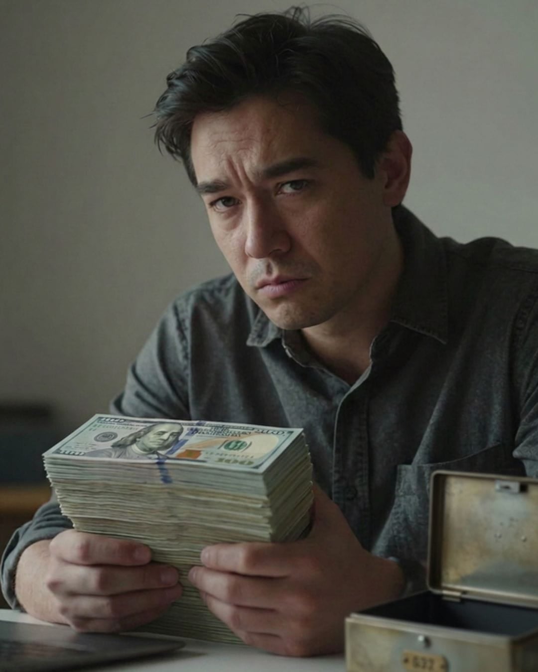 AI image of man looking stern and slightly guilty as he holds a stack of cash from an opened safety box