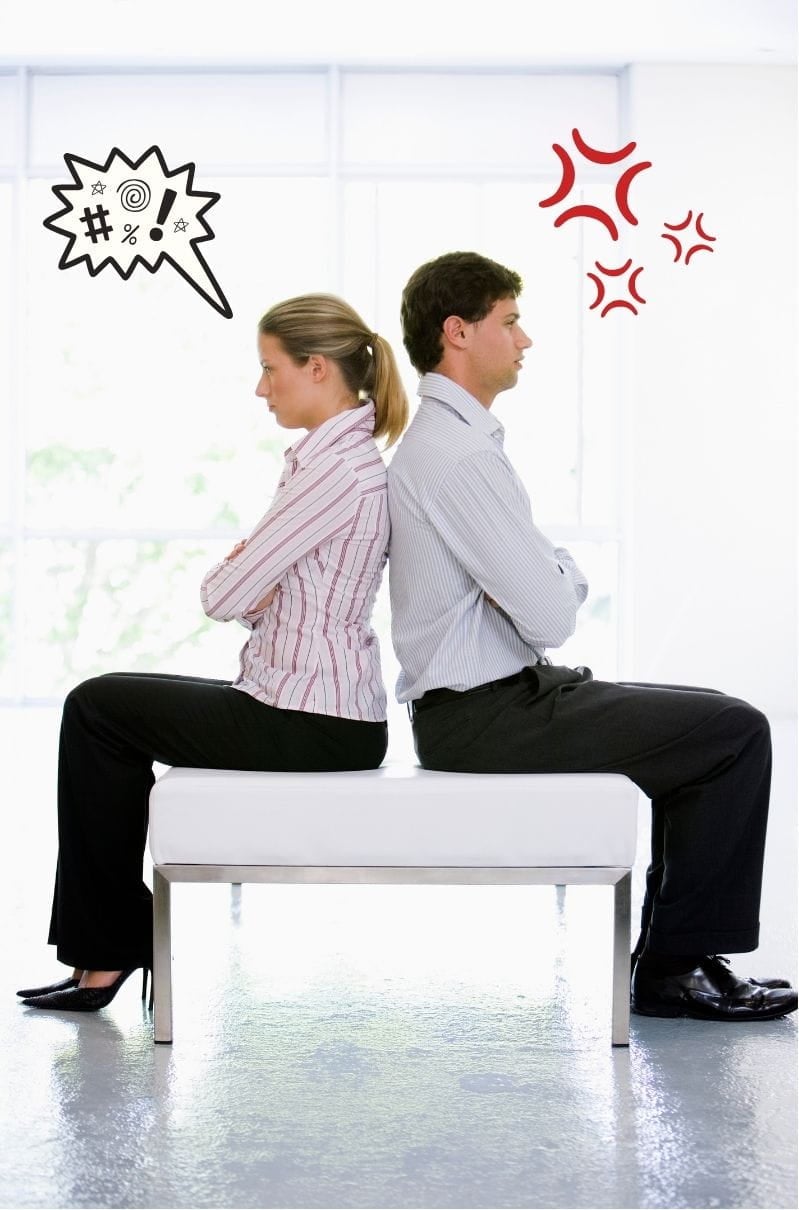 stubborn couple back to back, arms crossed and looking angry