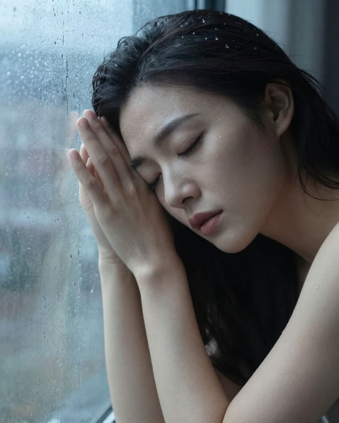 woman emotionally exhausted AI image of a woman resting her forehead against a cold glass window, eyes closed with a subtle expression of emotional exhaustion