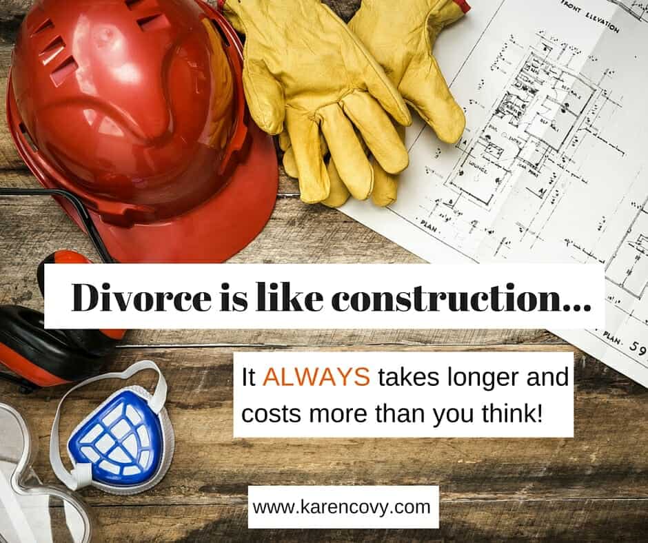 Construction hat, gloves and blueprint on a table with the saying "Divorce is Like Construction" over them.