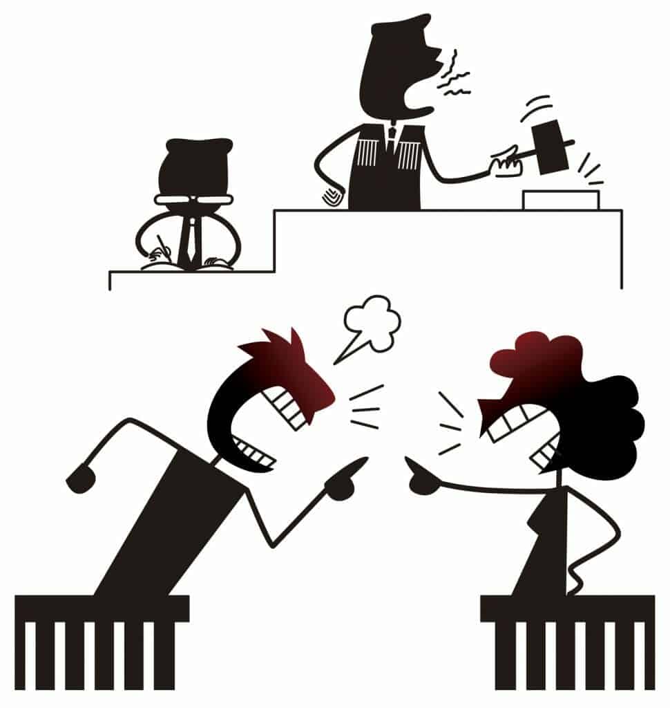 Cartoon of couple fighting in divorce court