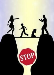 Avoid a custody battle: Silhouette of two fighting parents on boulders with their crying children on a plank between them and a "Stop" sign on the bottom.