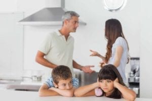 Two upset kids with their parents arguing in the background. Parental conflict hurts kids.