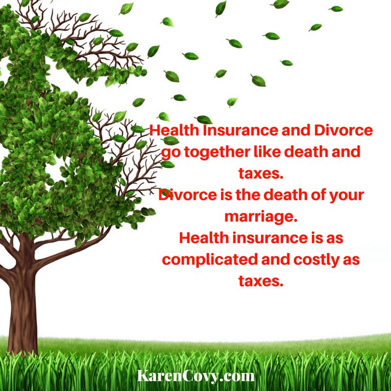 Picture of a tree with its leaves blowing away with the saying: Health insurance and divorce go together like death and taxes.